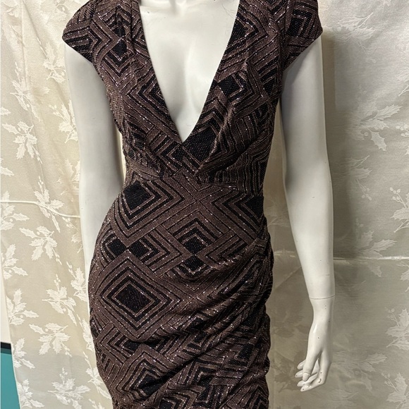 Mystic Brown Bodycon Mini Dress with Plunge Neckline and Flutter Sleeves - Picture 2 of 9